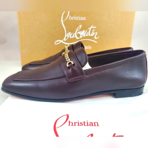 NWT$1095 Louboutin MJ Moc Brown Leather Chain Red Sole Flat Loafers Sz 36.5, 6.5 - Picture 10 of 16